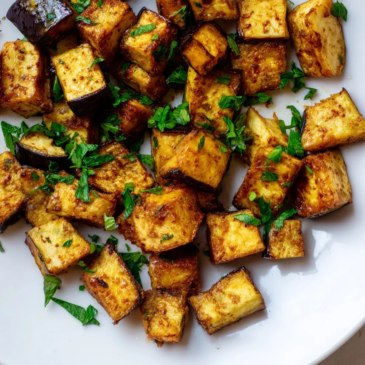 Mediterranean style low calorie air fryer eggplant arranged in a single layer with golden crispy edges