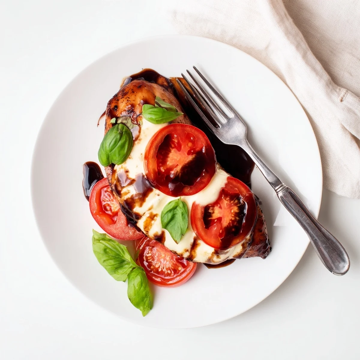 Golden baked chicken breast with melted mozzarella drizzled with rich balsamic glaze and fresh basil