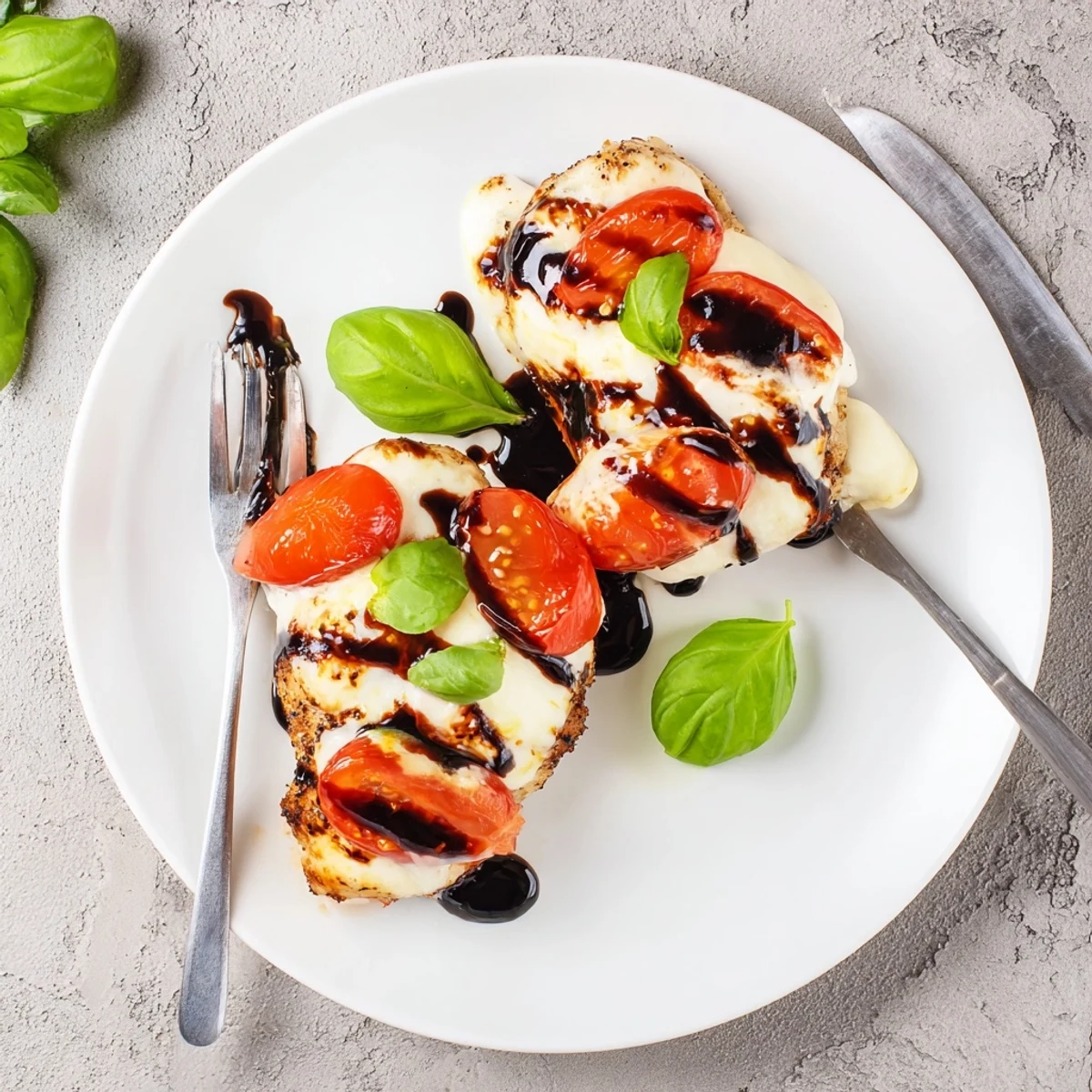 Juicy balsamic glazed chicken breast baked to perfection with melted mozzarella and aromatic fresh herbs