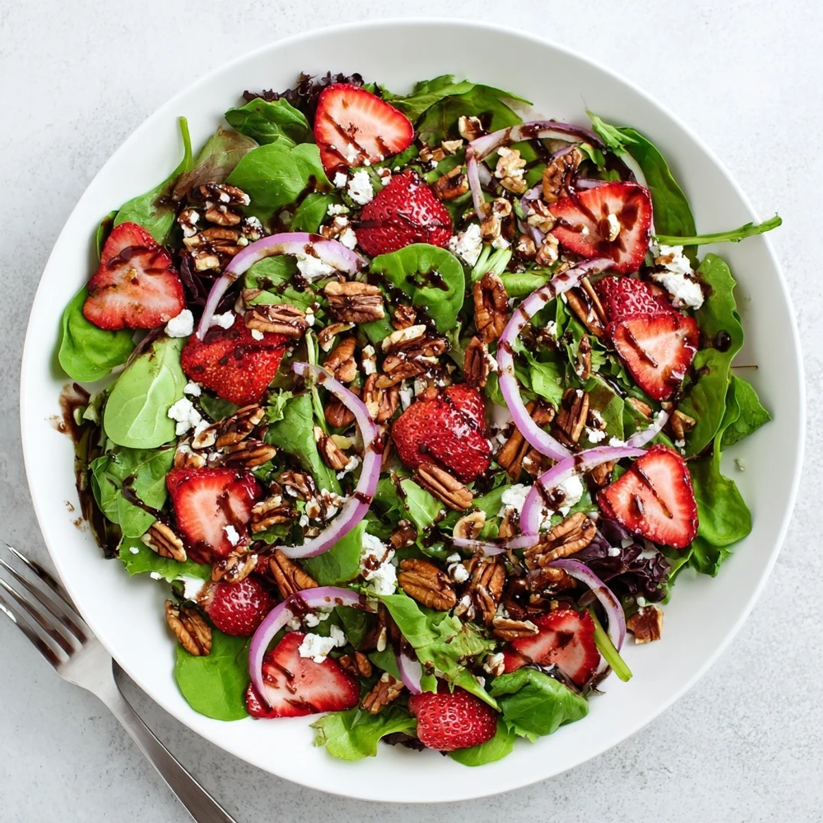 Fresh Strawberry Fields Salad bowl with juicy red berries, creamy goat cheese, and toasted pecans over mixed greens