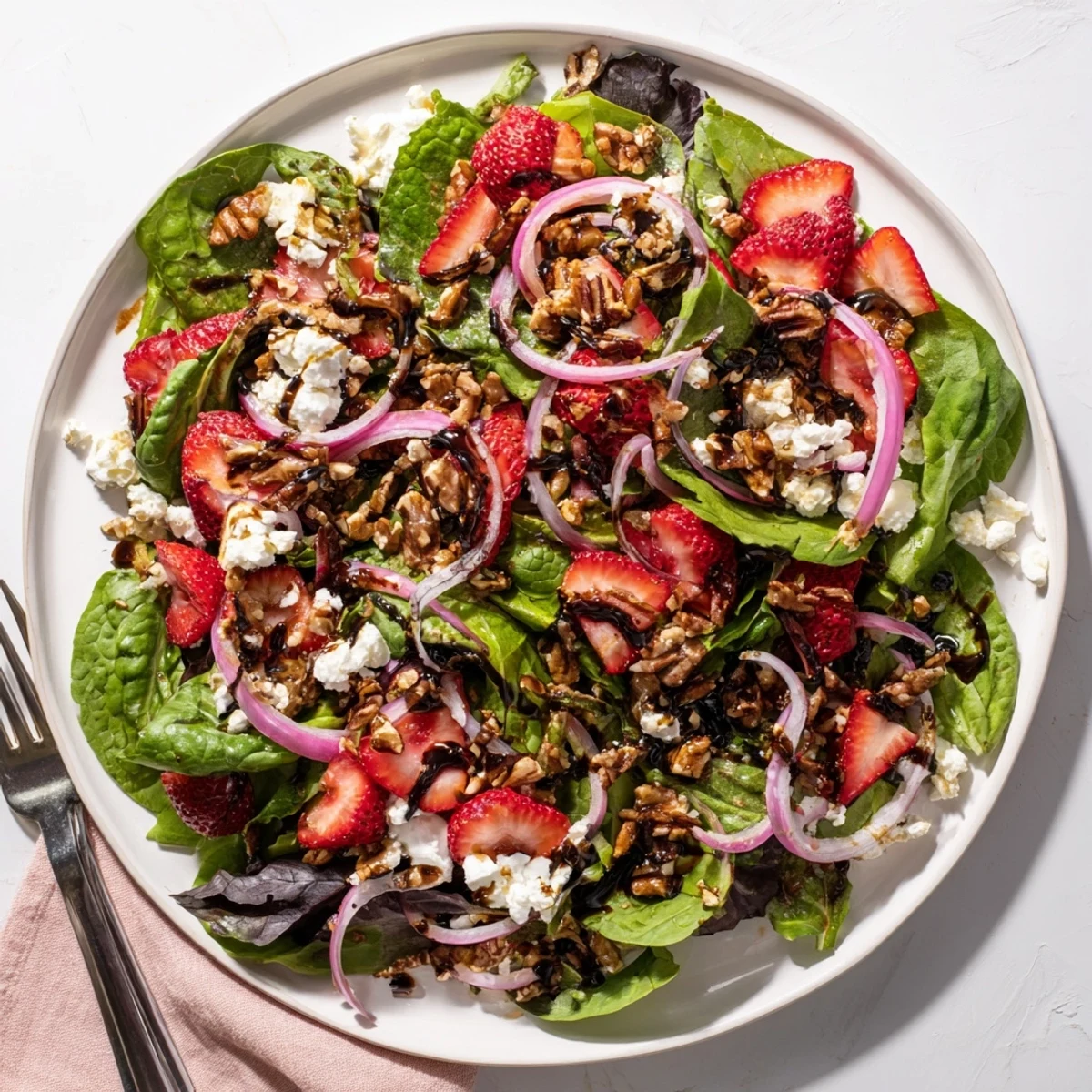 Colorful Strawberry Fields Salad featuring sliced strawberries, crisp arugula, red onion, and crumbled cheese drizzled with balsamic dressing