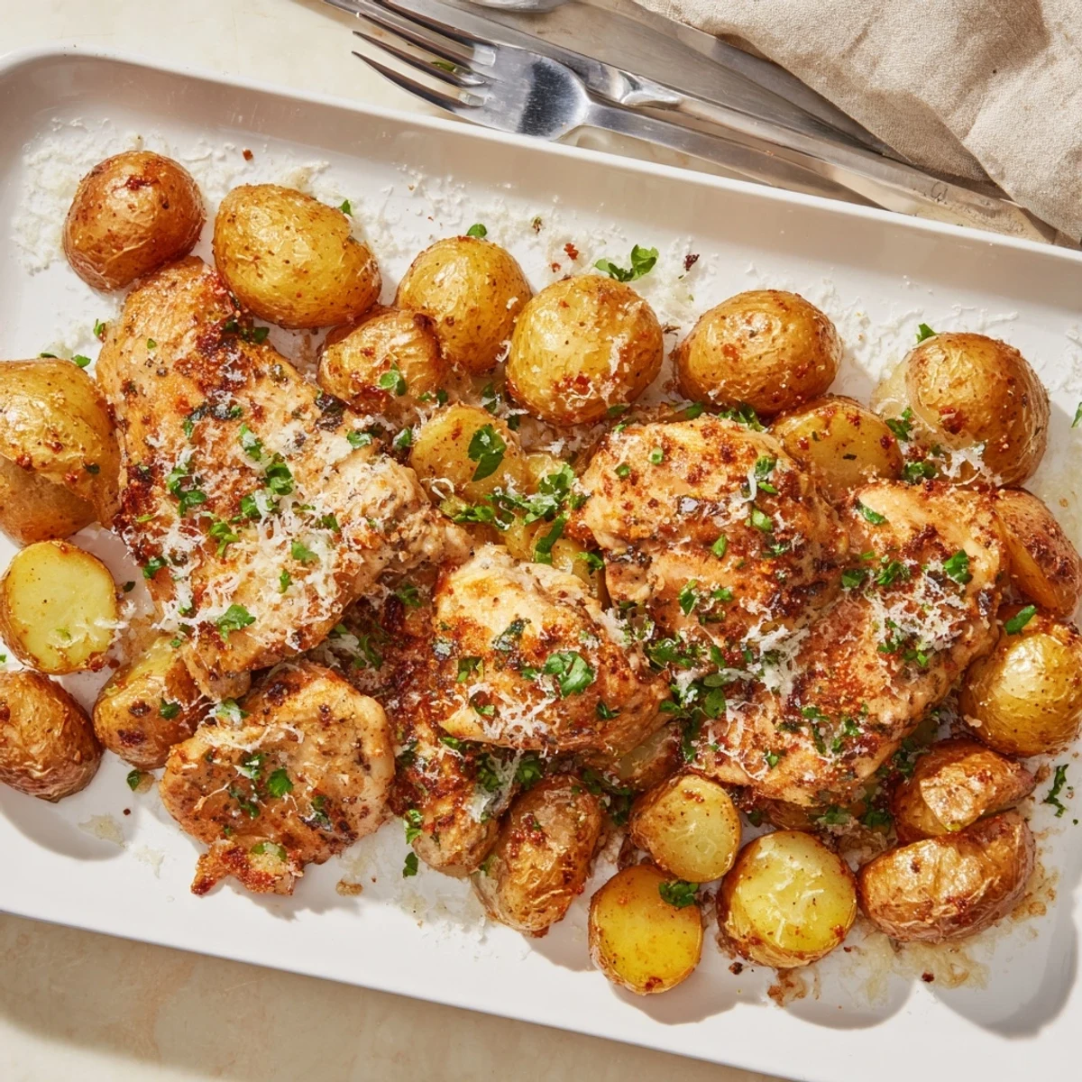 Oven baked garlic parmesan chicken and potatoes arranged on a white serving platter
