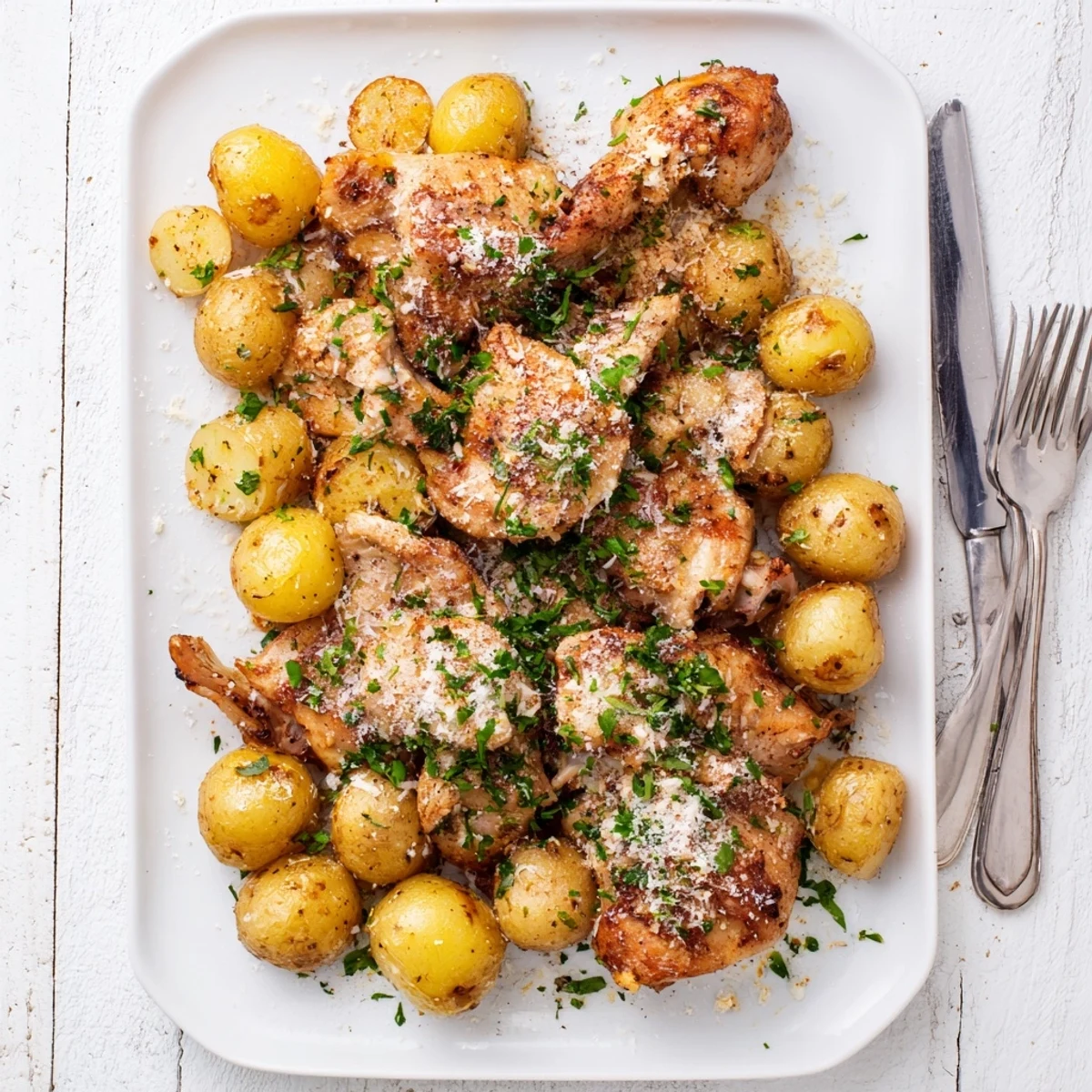Golden brown chicken breasts and crispy roasted potatoes with garlic Parmesan coating