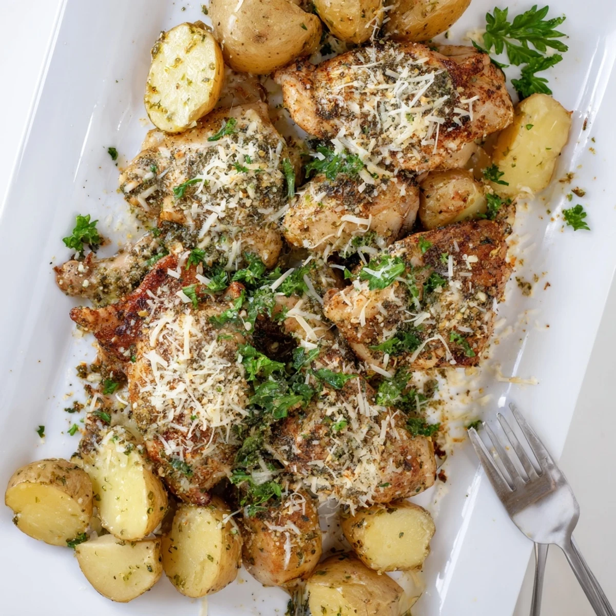 Tender parmesan crusted chicken nestled beside golden baby potatoes sprinkled with fresh parsley