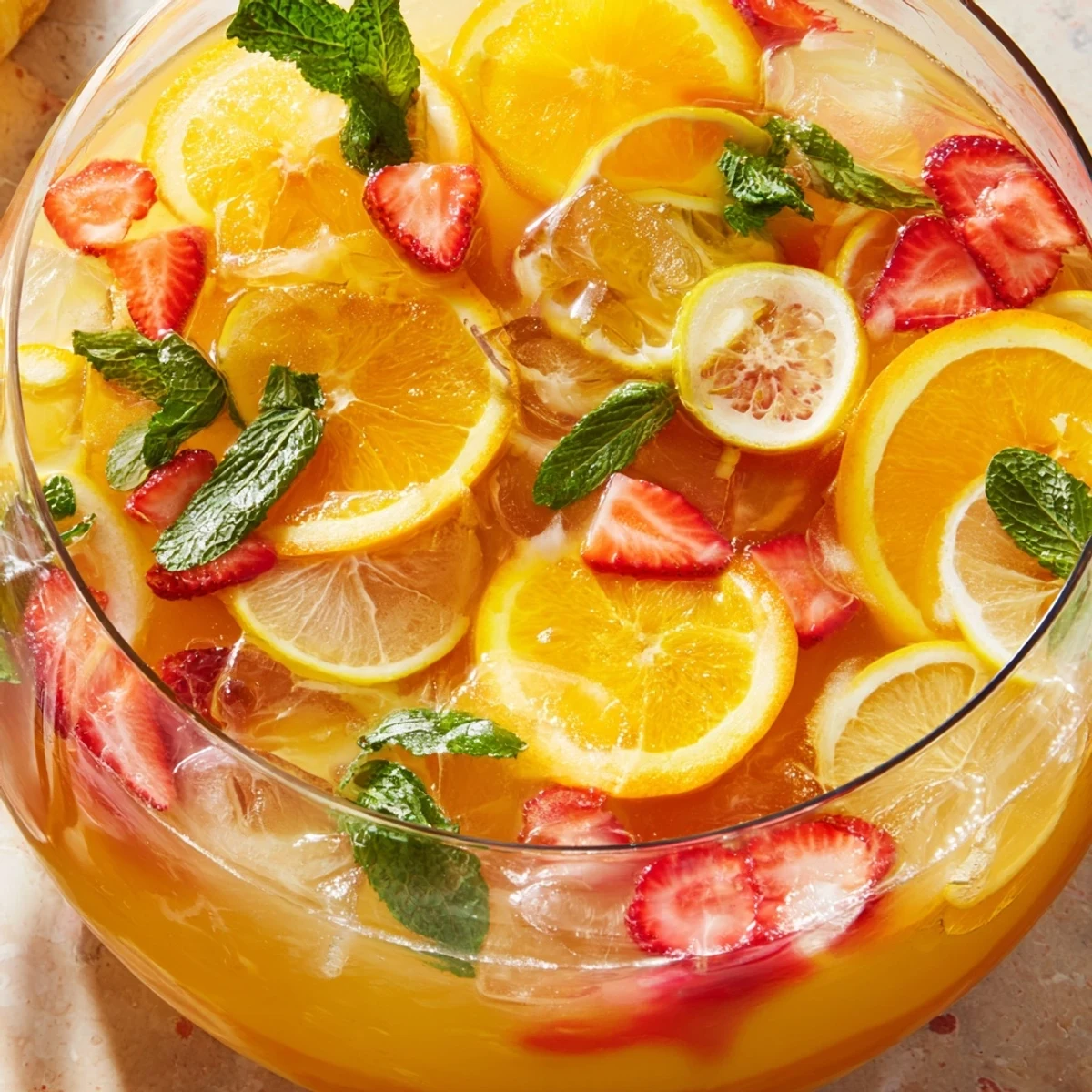 Festive Easter Punch bowl garnished with fresh orange slices, strawberries, and mint leaves
