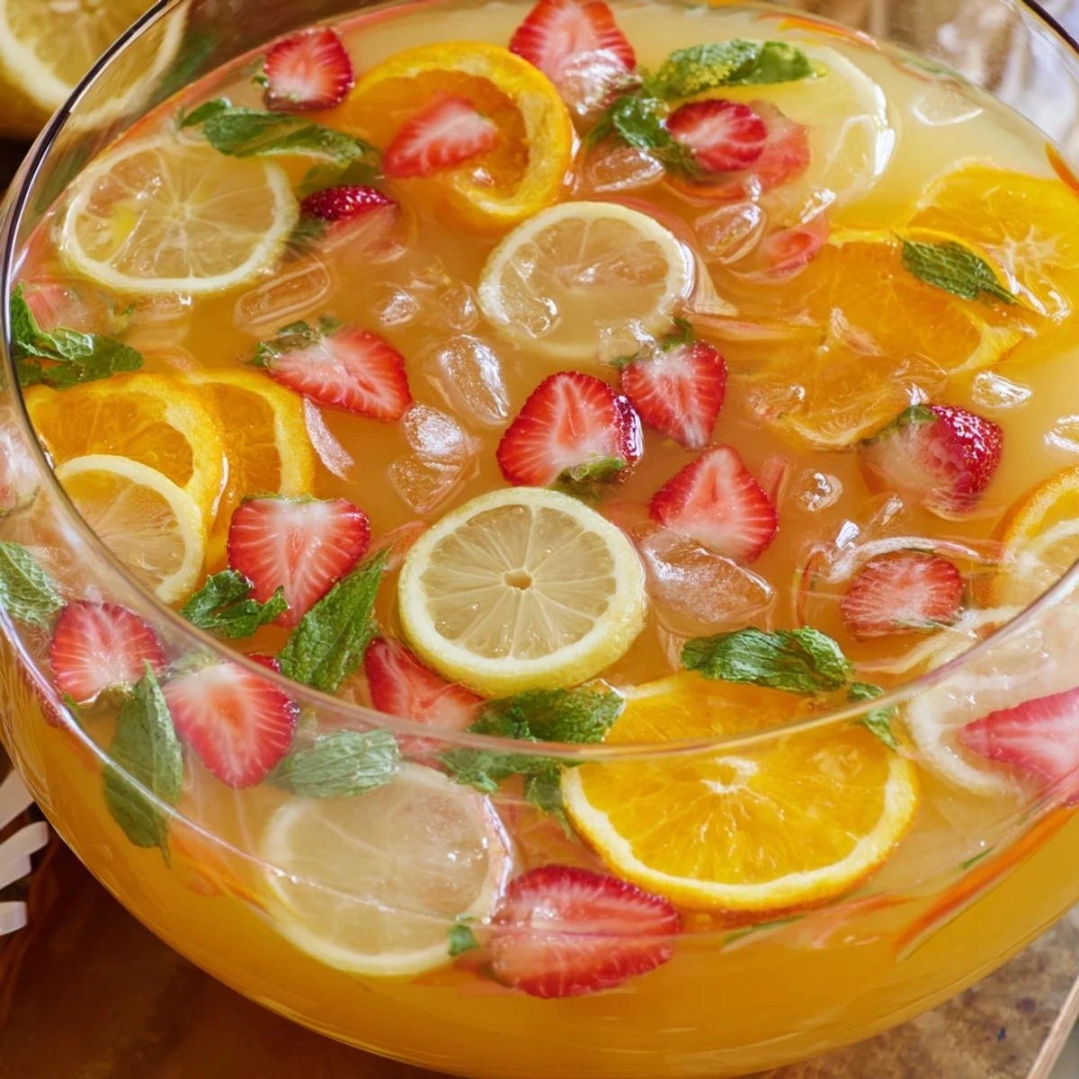 Colorful spring Easter Punch displaying layered fruit juices and floating citrus garnishes