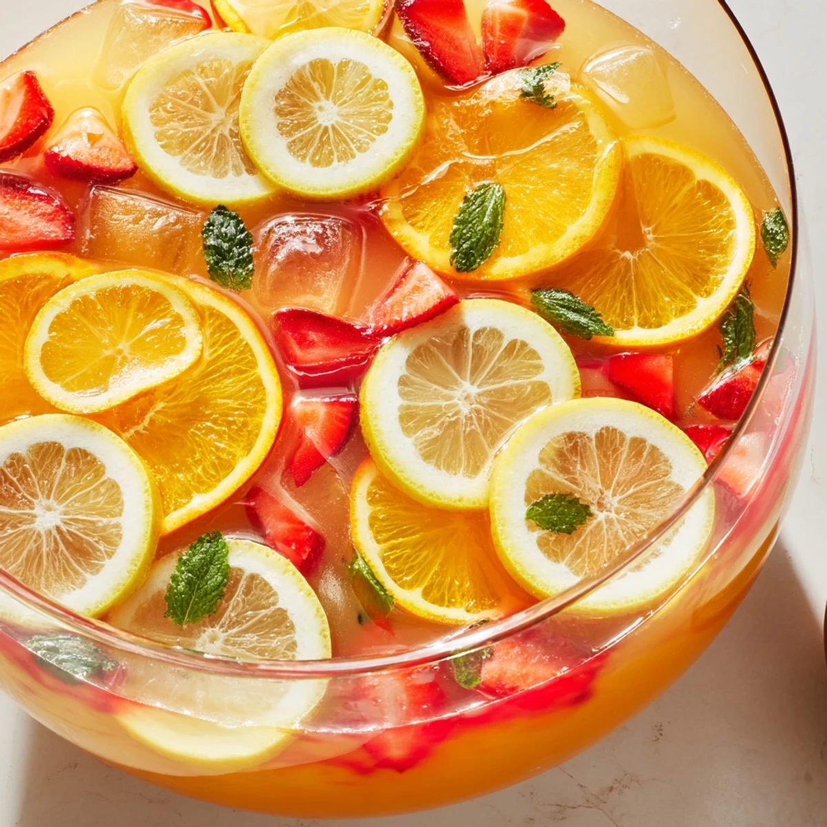 Refreshing Easter Punch in glass pitcher with lemon slices and icy bubbly texture