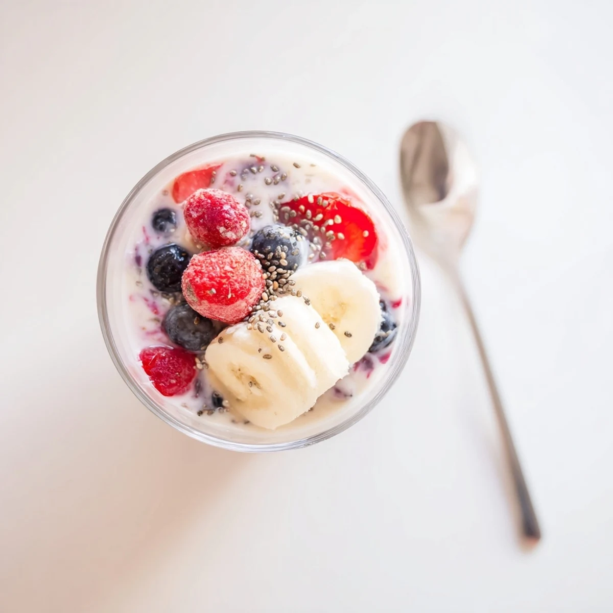 Protein-rich Greek yogurt breakfast smoothie poured into glasses with frozen berry chunks swirling throughout