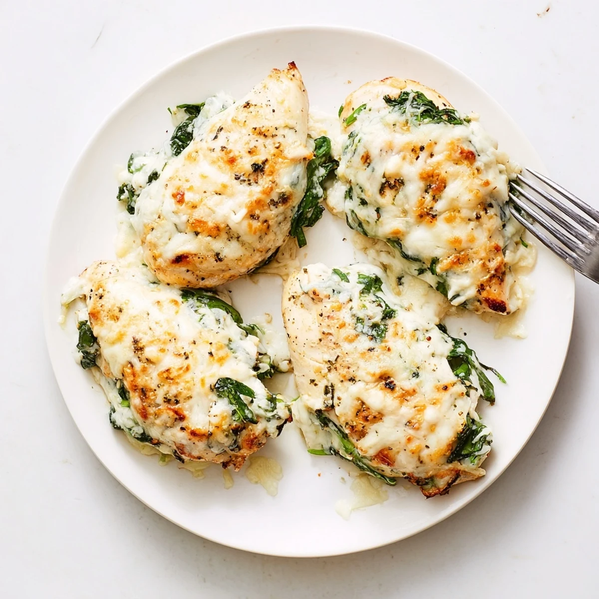Golden baked ricotta chicken breasts topped with melted mozzarella cheese and fresh herbs