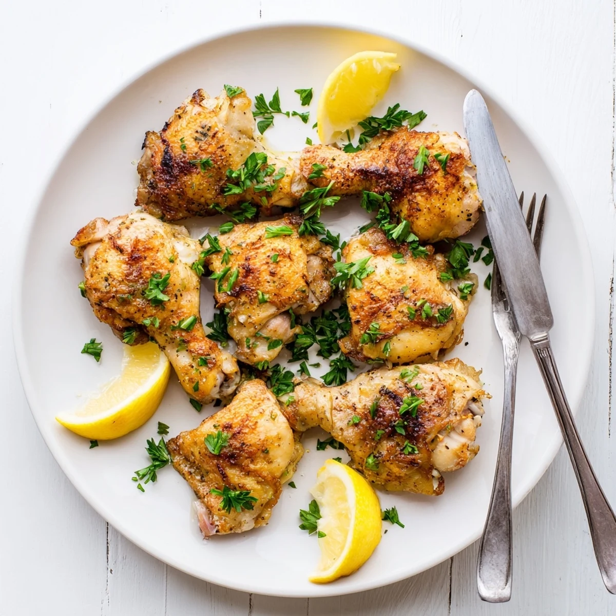 Golden brown buttermilk roasted chicken pieces with crispy skin garnished with fresh parsley