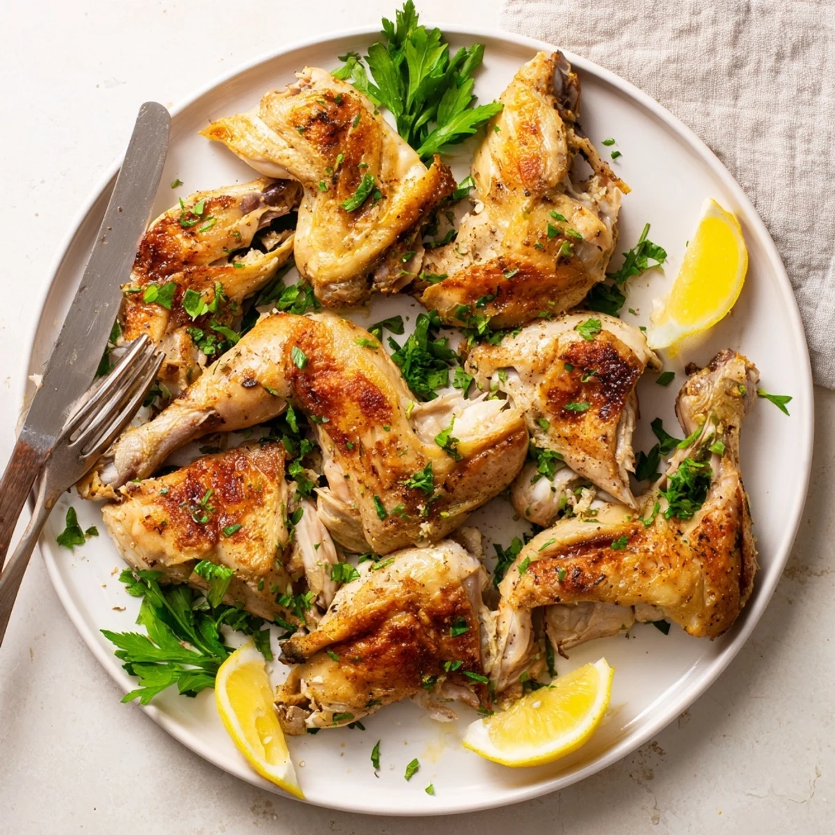 Juicy oven roasted chicken on wire rack with lemon wedges ready for serving