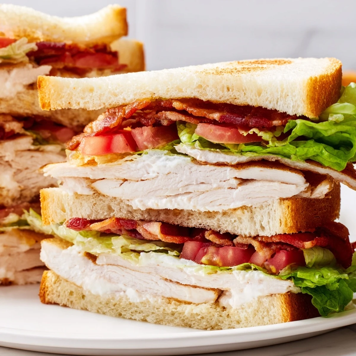 Golden brown triple-decker chicken club sandwich stacked with crispy bacon lettuce and juicy tomato slices
