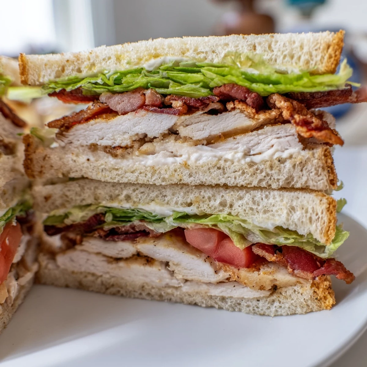 Homemade chicken club sandwich on toasted bread with mayonnaise lettuce tomato and savory bacon strips