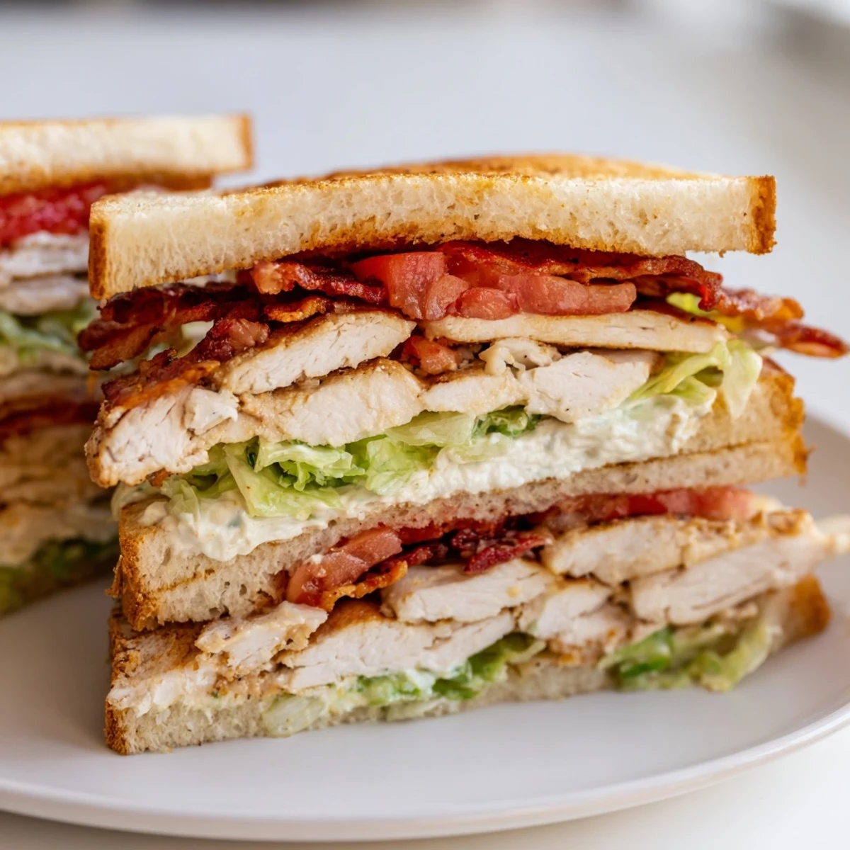Diagonally sliced chicken club sandwich revealing layers of tender chicken crispy bacon and fresh vegetables
