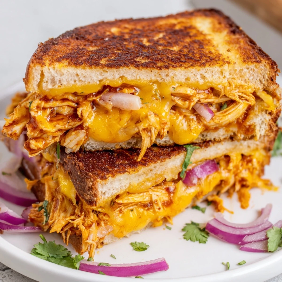 Crispy butter-grilled sandwich stuffed with tangy BBQ chicken and gooey blended cheeses, sliced diagonally