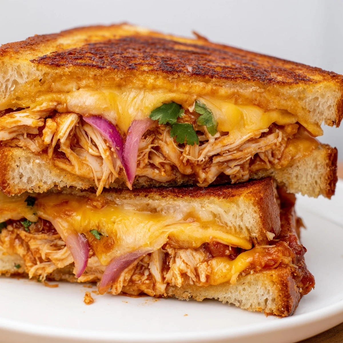 Golden BBQ chicken grilled cheese sandwich with melted cheddar and mozzarella on sourdough bread