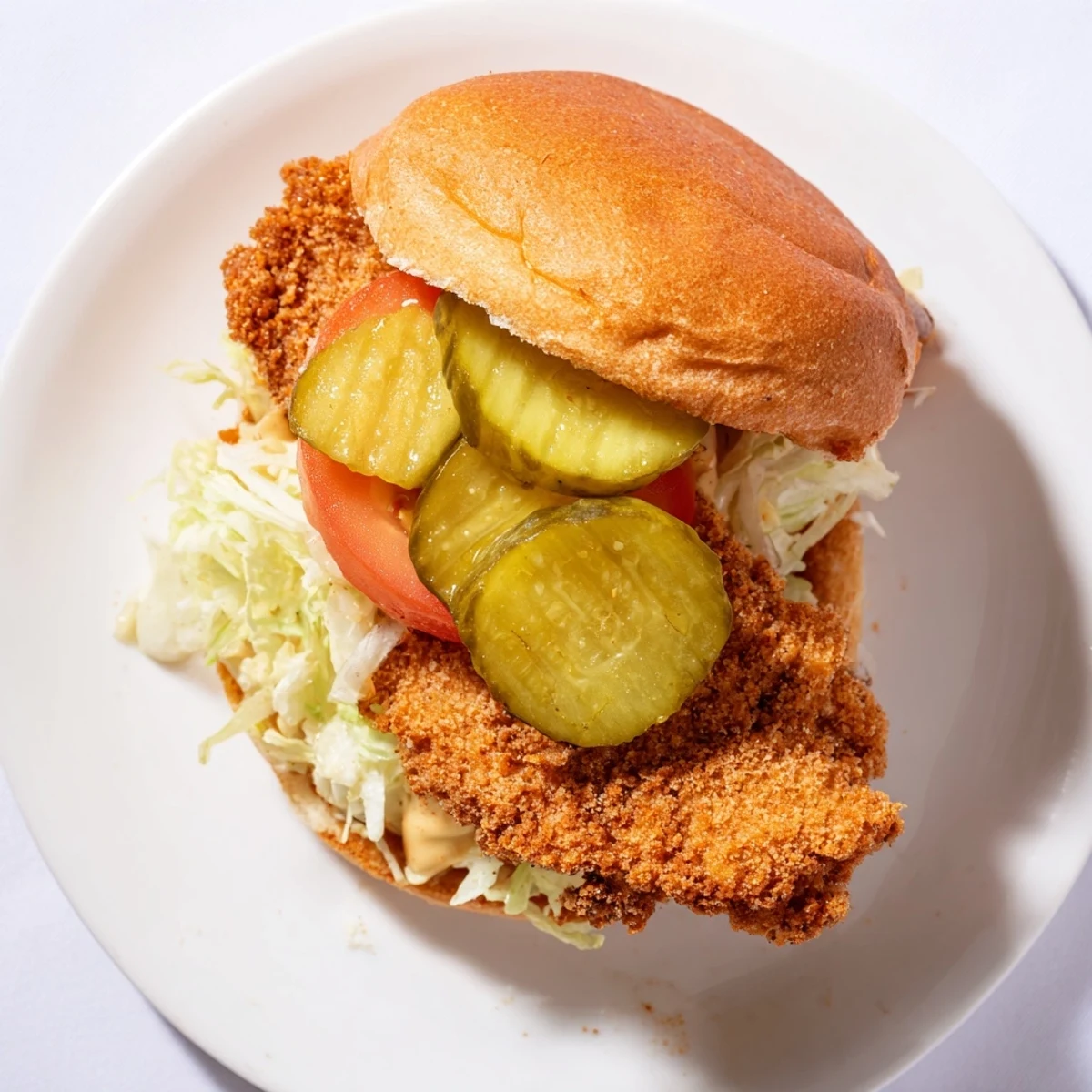 Golden brown crispy chicken burger on toasted brioche bun with fresh lettuce and pickles
