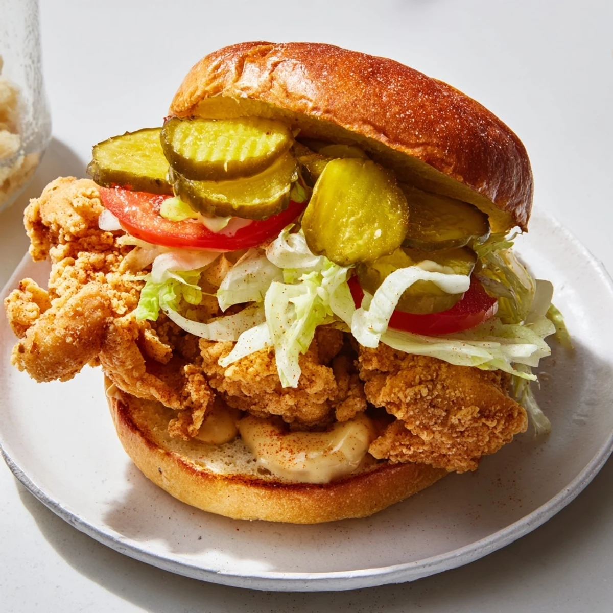 Homemade crispy chicken burger featuring golden fried chicken, tangy pickles, and shredded lettuce