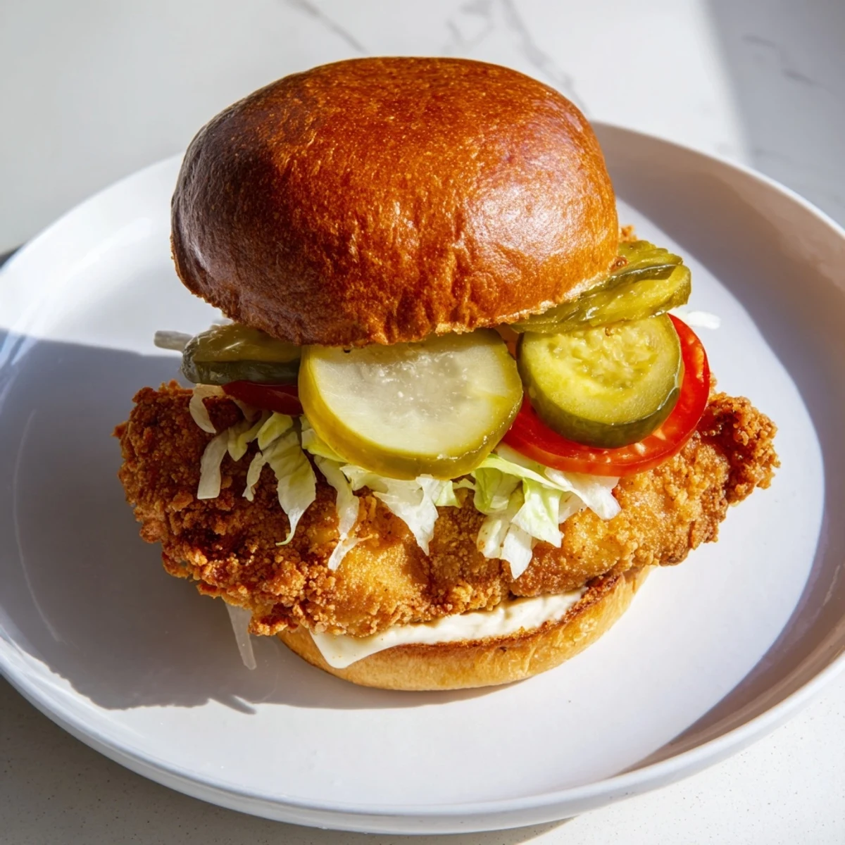 Juicy fried chicken breast burger stacked with crisp vegetables and creamy sauce on brioche