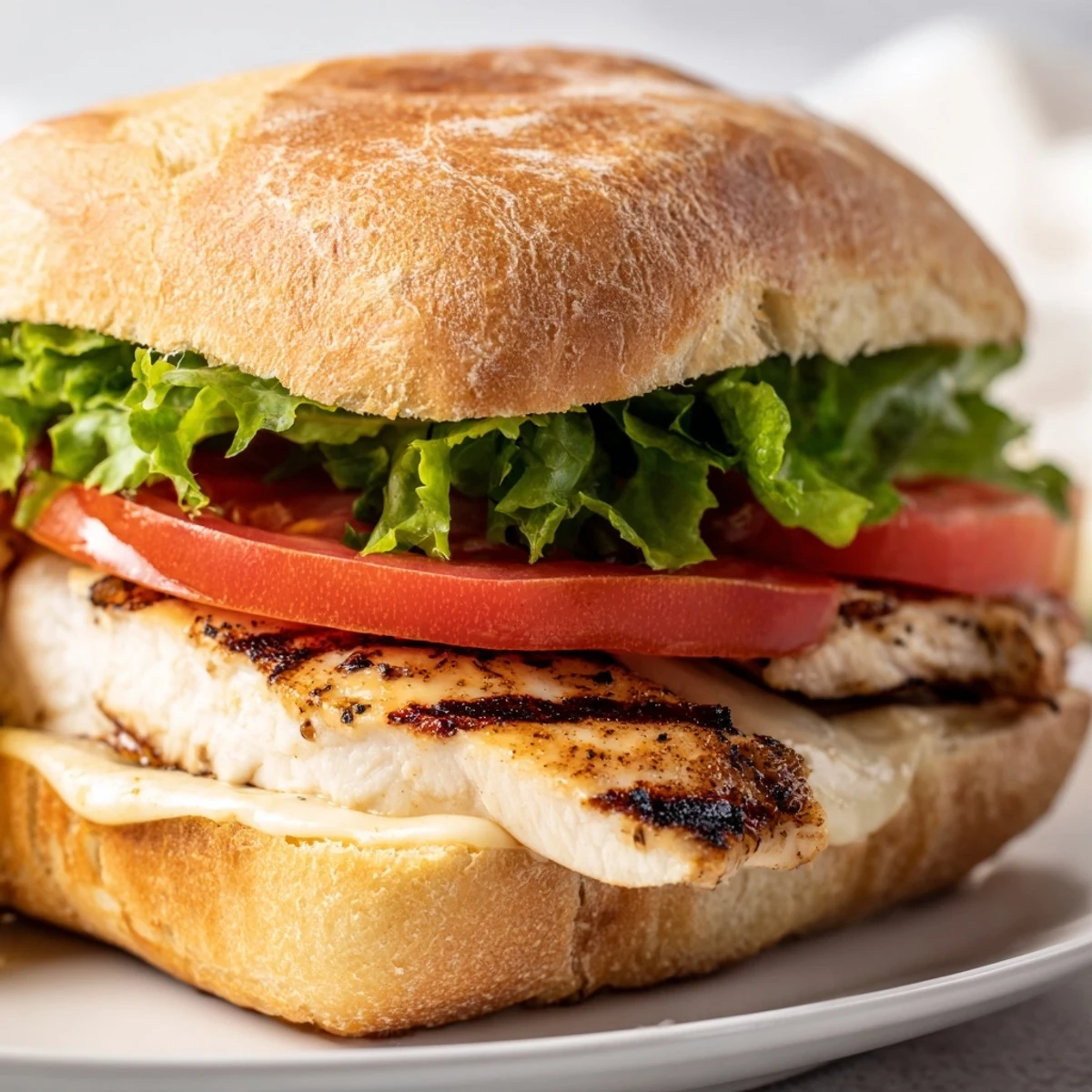 Golden grilled garlic chicken sandwich with crisp lettuce and tomato on toasted bun
