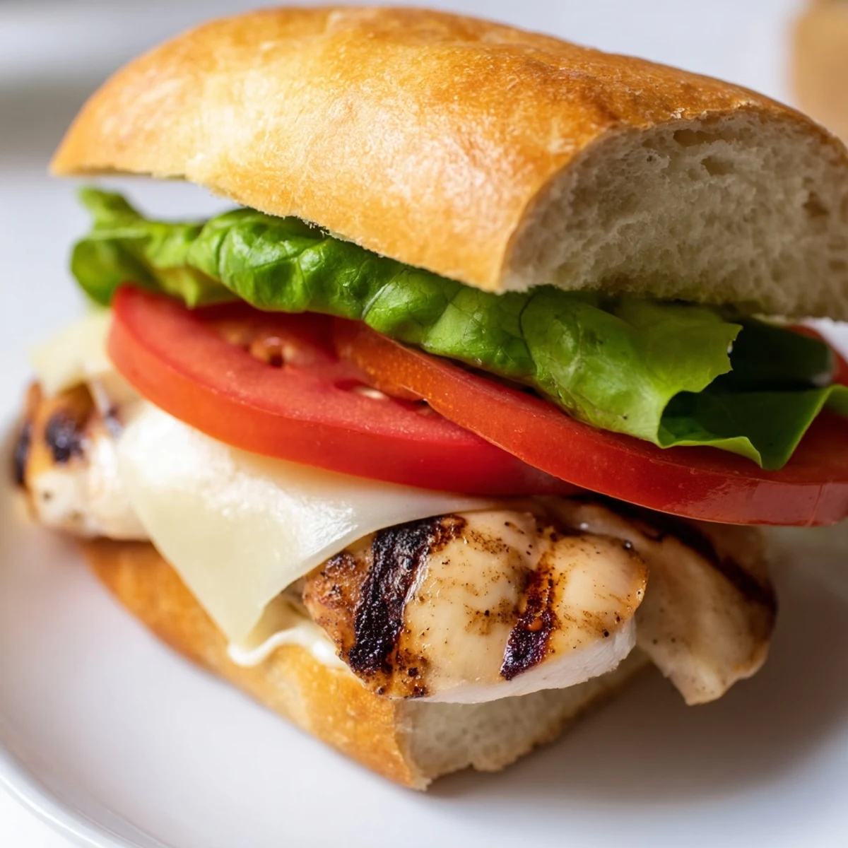 Juicy garlic chicken breast sandwich layered with fresh vegetables and creamy garlic mayonnaise