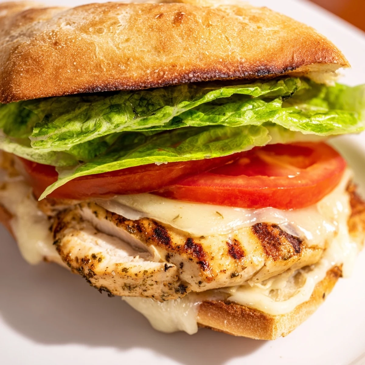Toasted bun piled high with seasoned grilled chicken and crisp garden vegetables