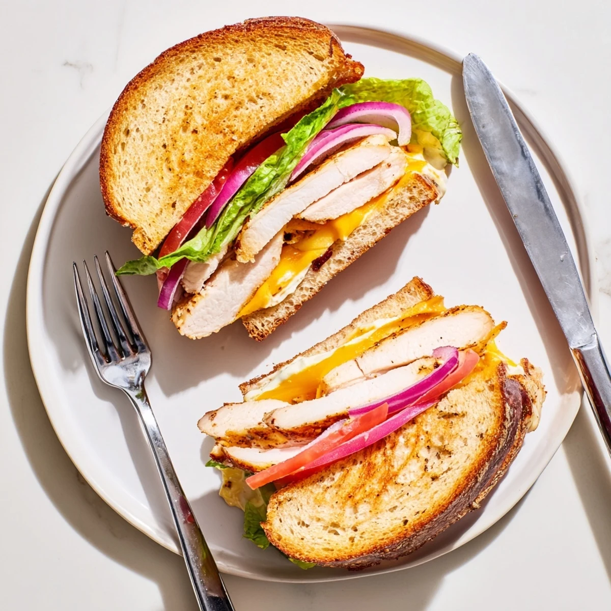 Homemade grilled chicken sandwich featuring juicy spiced chicken breast with fresh vegetables and creamy mayo mustard spread