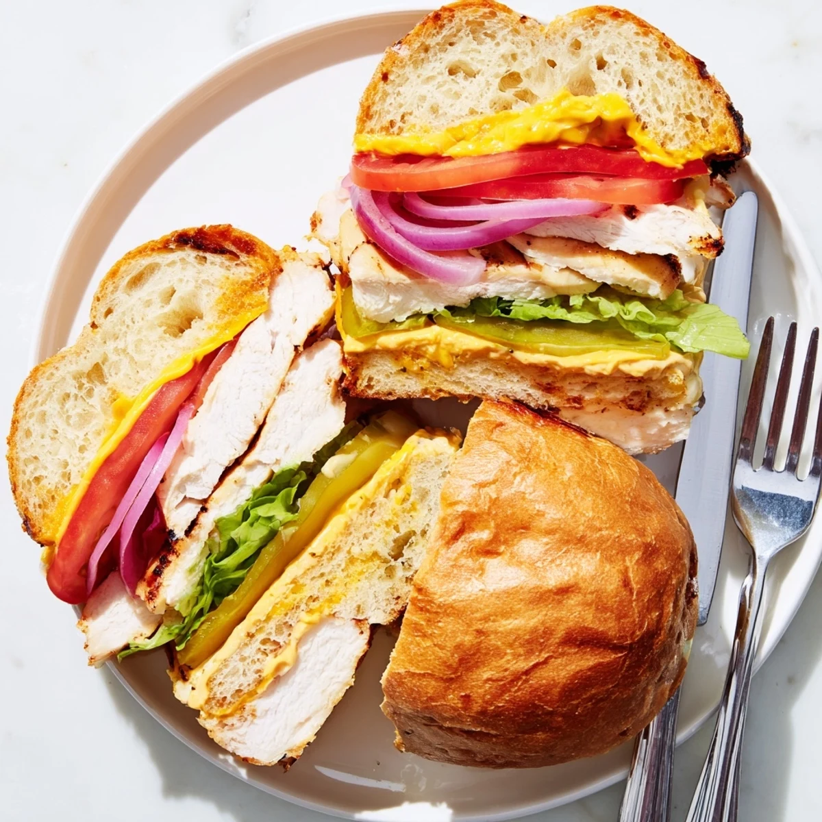 Golden grilled chicken sandwich piled high with crisp lettuce, tomato, and melted cheddar on a toasted bun