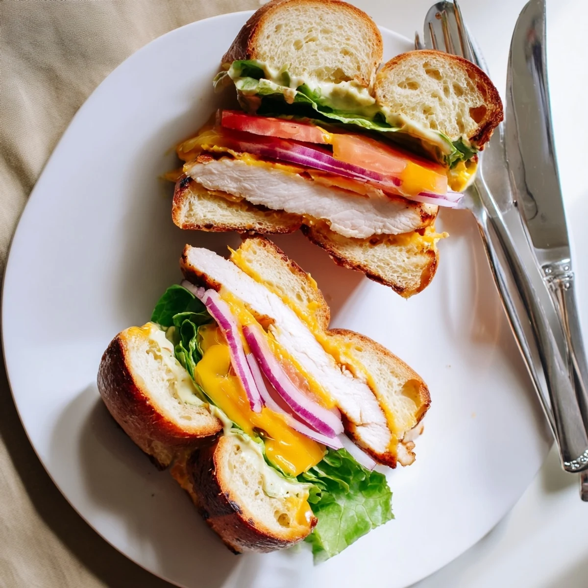 American-style grilled chicken sandwich stacked with red onion, tomato slices, and romaine on soft ciabatta rolls