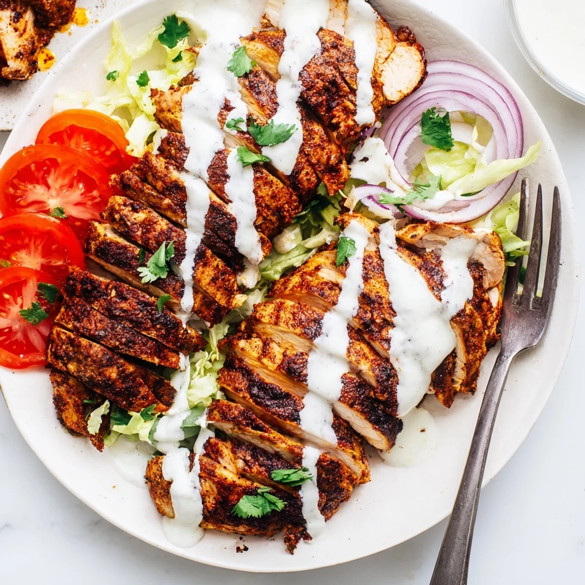 Golden spiced chicken shawarma slices piled high with drizzled creamy garlic sauce