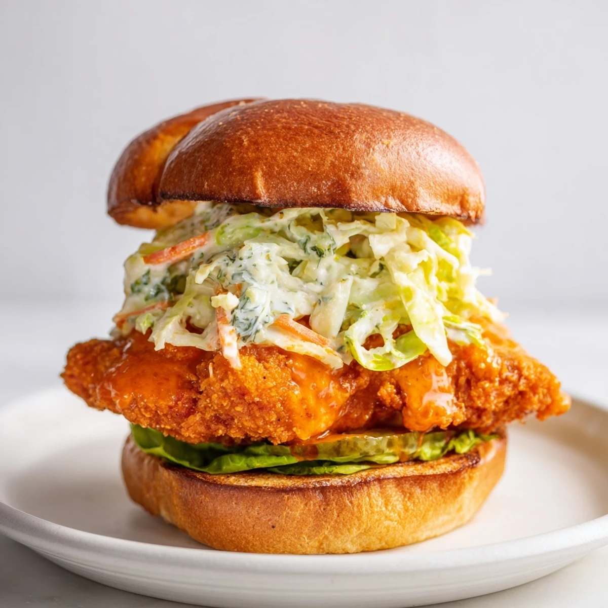 Spicy fried Buffalo chicken breast layered with cool cabbage slaw inside soft sandwich bun