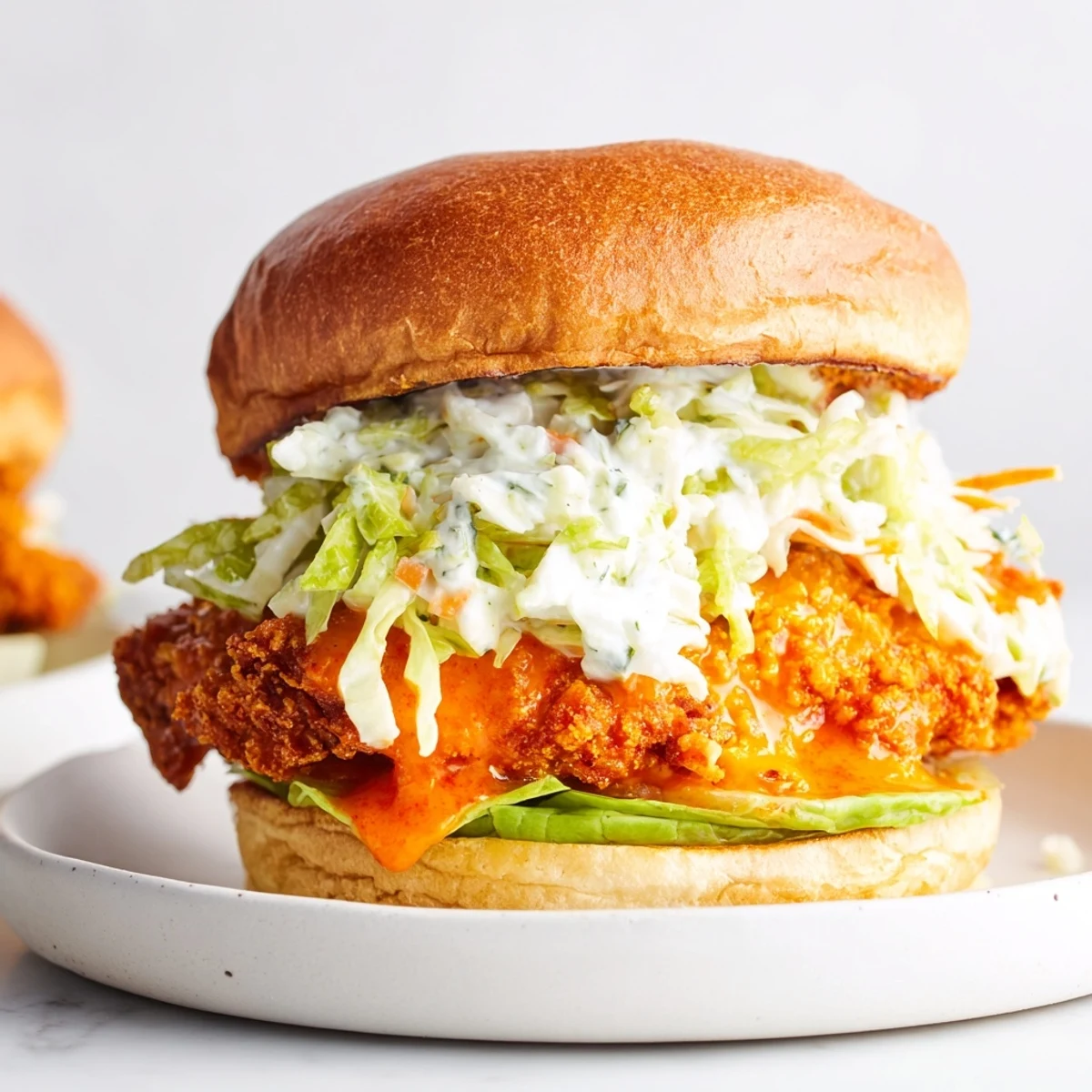 Golden crispy Buffalo chicken sandwich topped with crunchy ranch slaw on toasted brioche bun