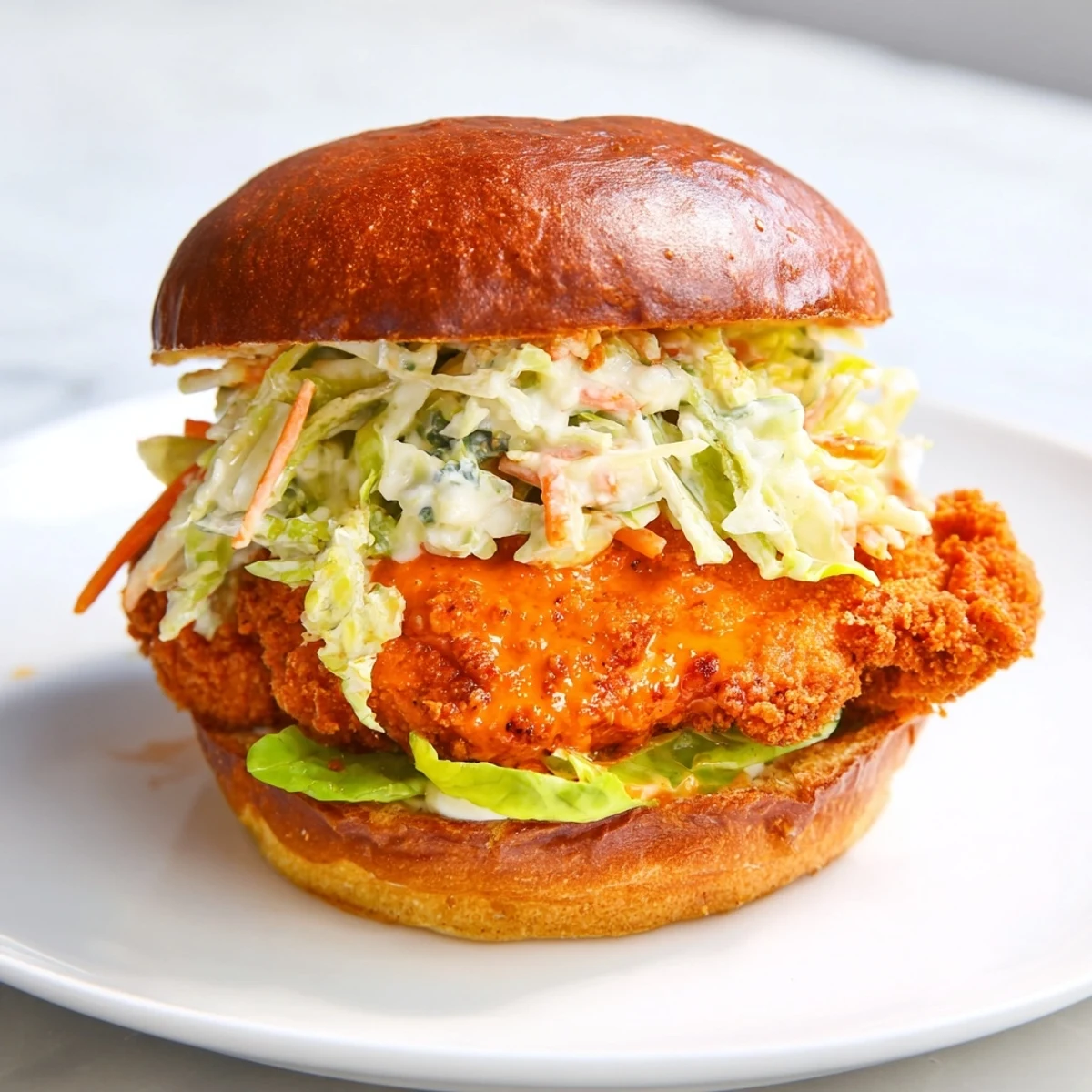 Juicy breaded Buffalo chicken fillet draped in hot sauce with creamy coleslaw on brioche