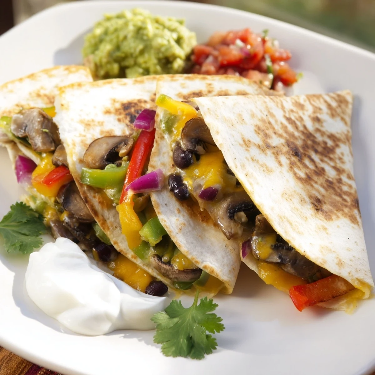 Golden quesadillas featuring melted cheddar and Monterey Jack cheese folded in crispy tortillas