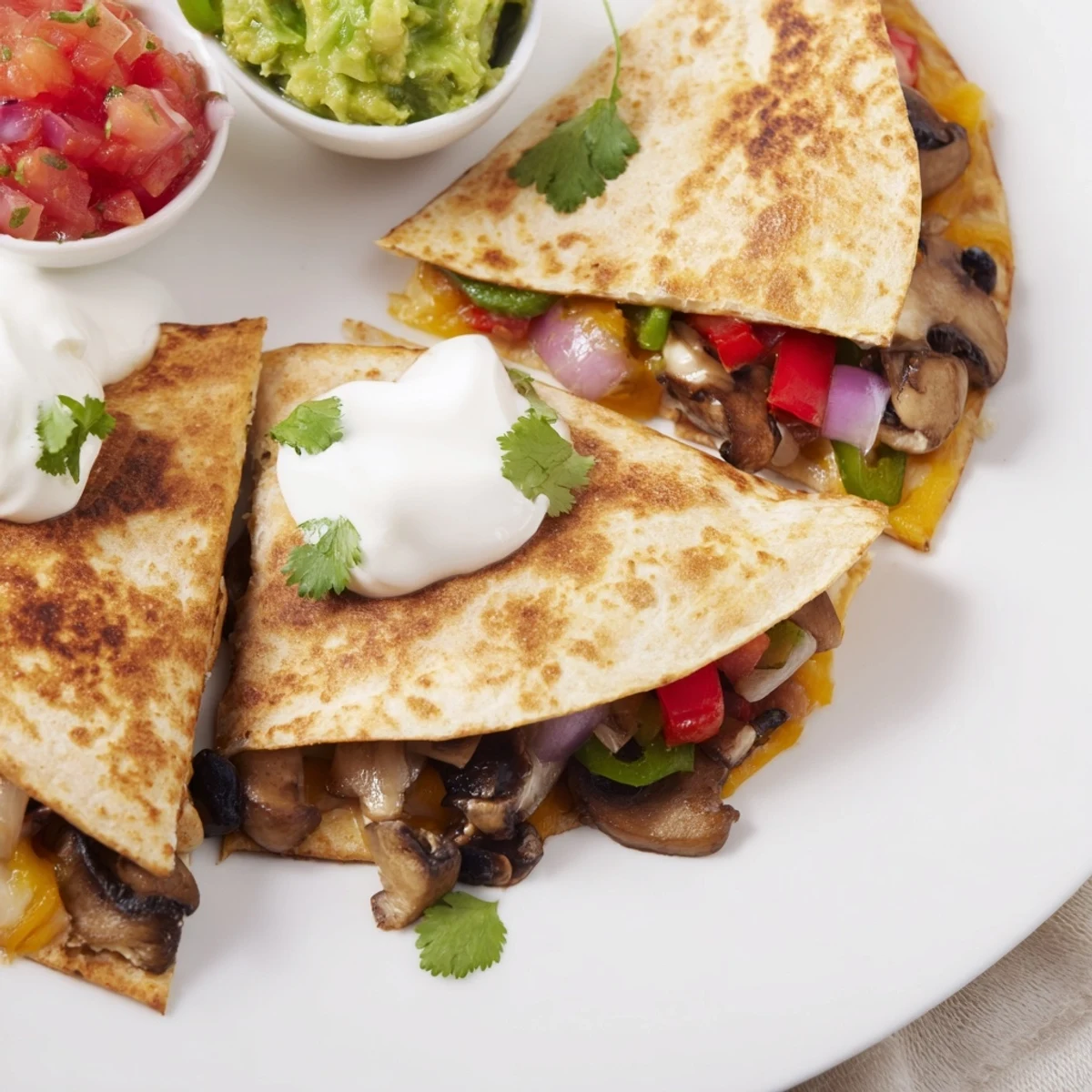 Homemade quesadillas with gooey cheese filling cut into wedges beside guacamole and sour cream