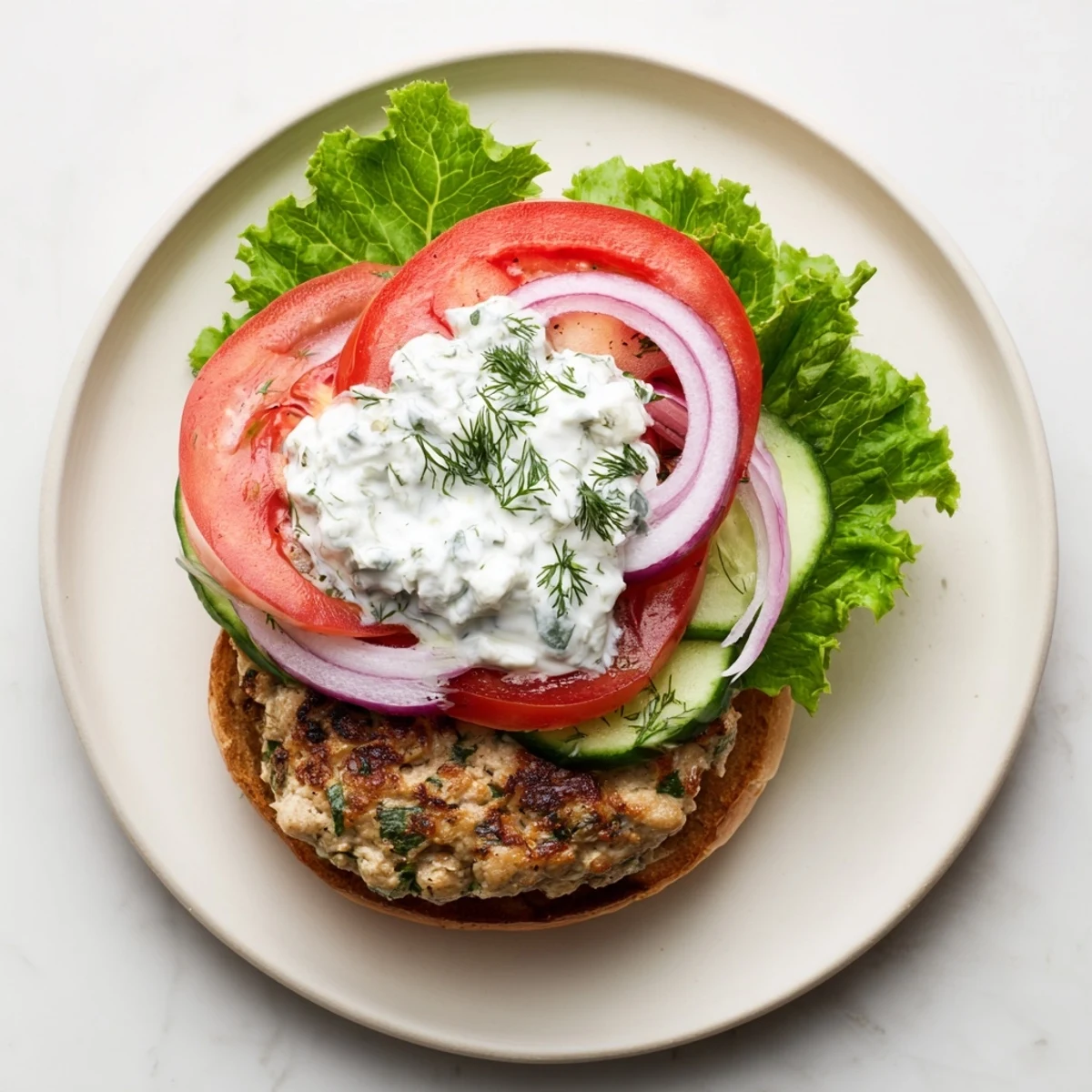 Juicy ground chicken burgers with red onion and dill, finished with a generous dollop of refreshing tzatziki and ripe tomato slices