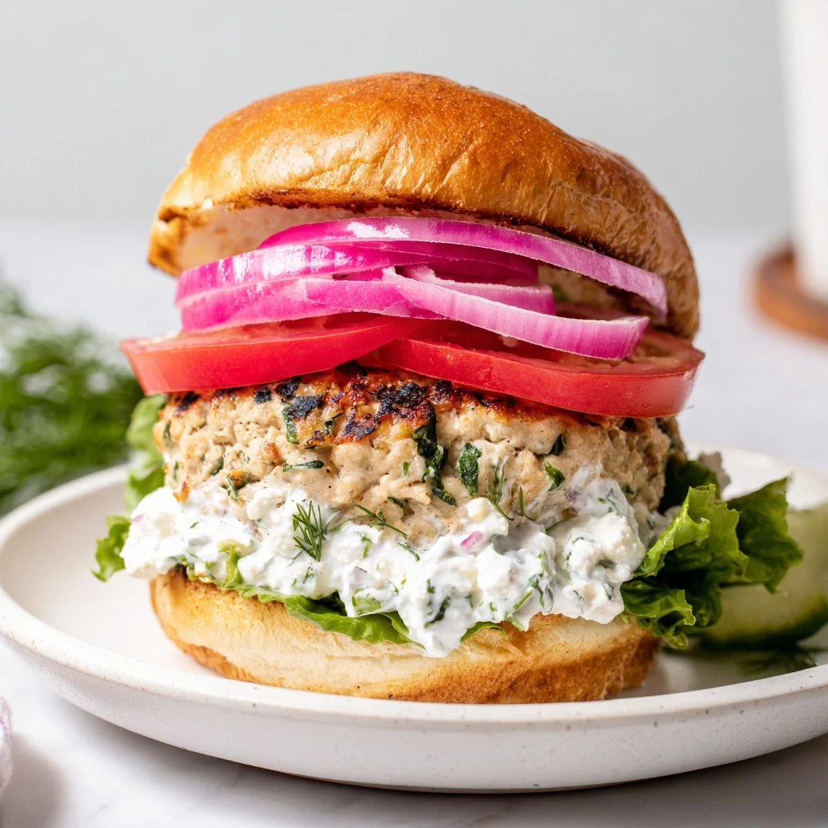Succulent Mediterranean chicken patties seasoned with feta and herbs, layered with crisp lettuce and tangy cucumber yogurt sauce