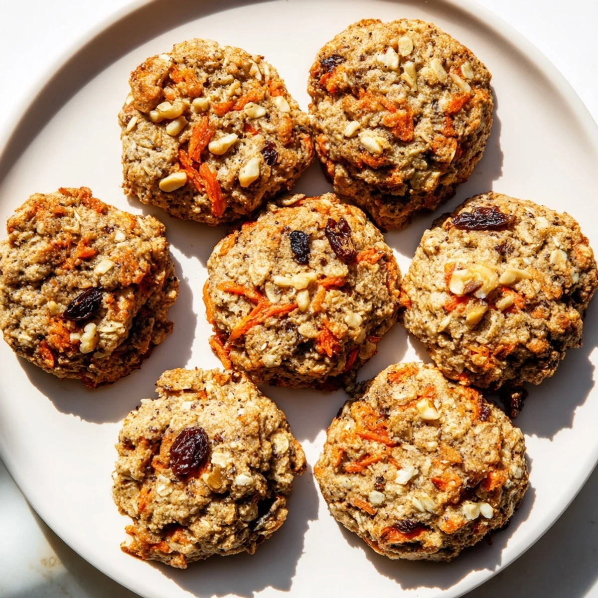 Soft chewy carrot cake cookies with golden edges, studded with grated carrots and crunchy walnuts on a white plate.