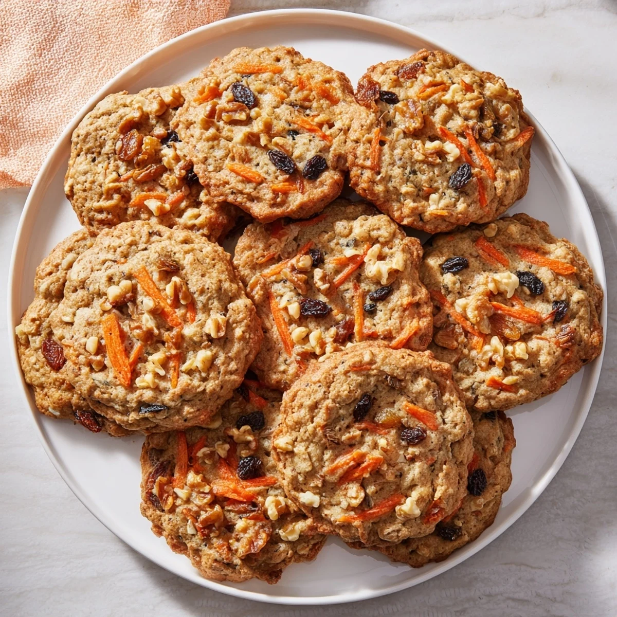 Freshly baked spiced carrot cake cookies cooling on a wire rack, flecked with orange carrots and plump raisins.