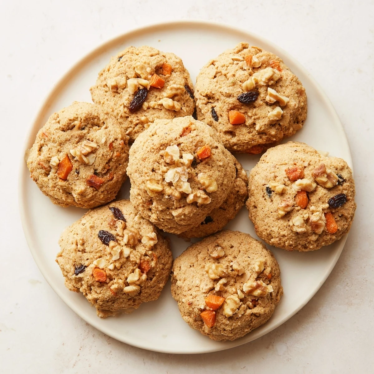 Homemade carrot cake cookies stacked high, showcasing soft texture with cinnamon spice and nutty walnut bits throughout.