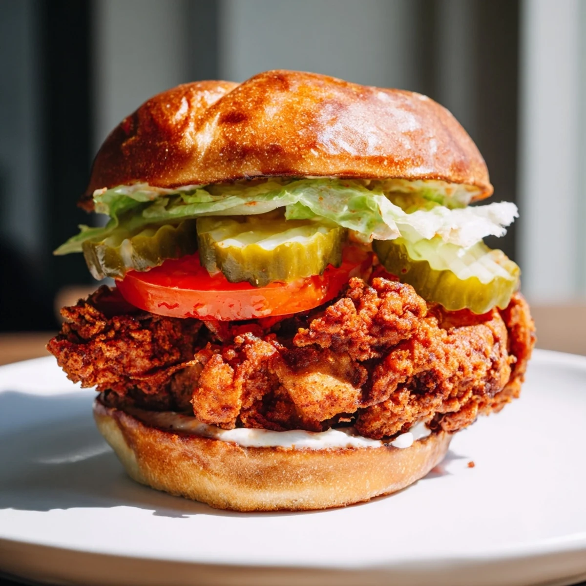 Golden brown ultra crunchy fried chicken burger stacked with fresh lettuce, tomato, and creamy mayo on a toasted bun