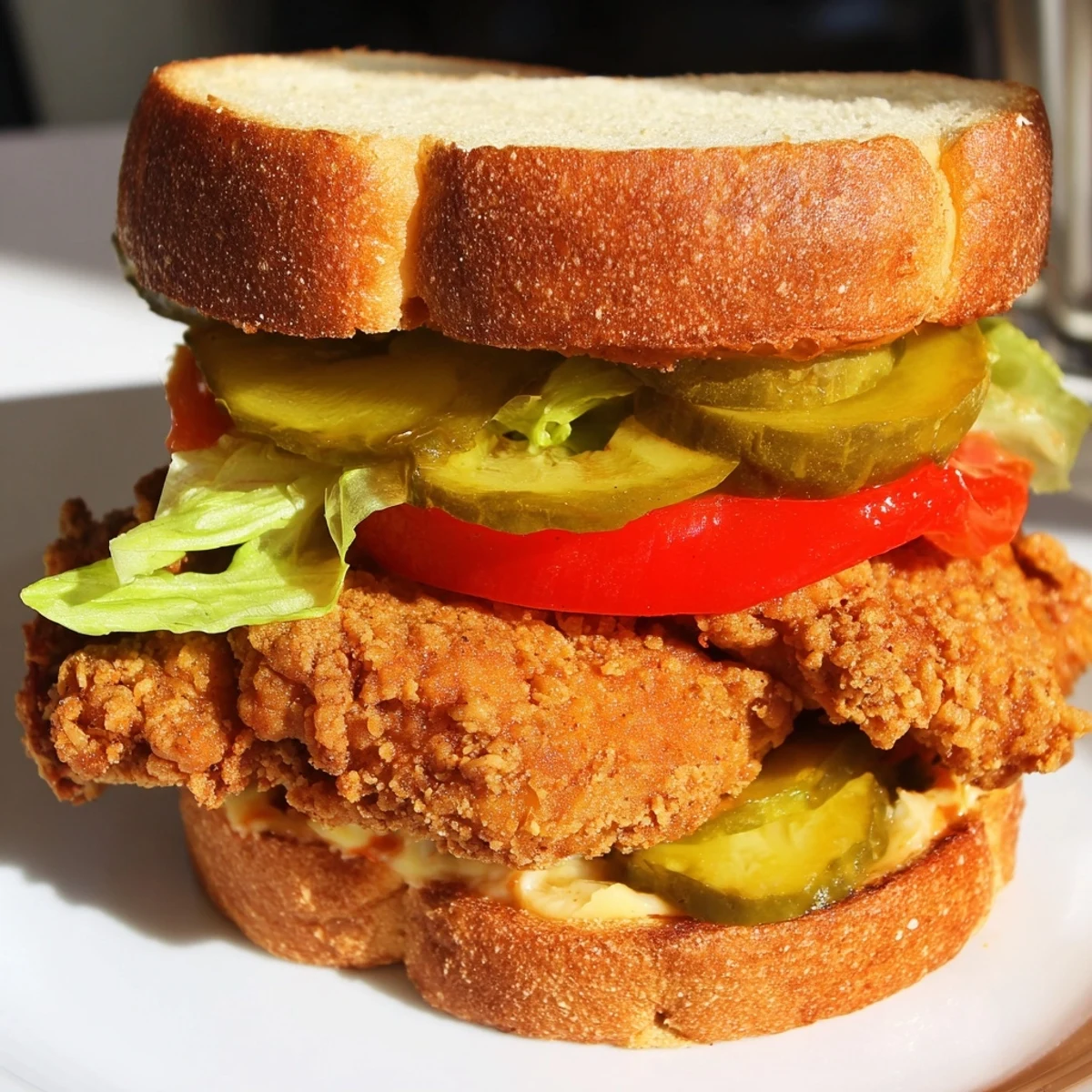 Crispy fried chicken fillet with ultra crunchy coating served on a soft brioche bun with pickles and spicy sauce