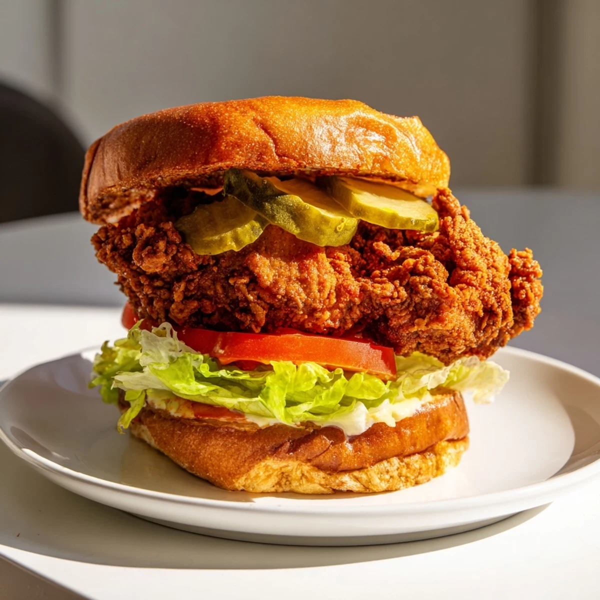Homemade ultra crunchy fried chicken burger featuring thick craggy crust, ripe tomato slices, and crisp lettuce on warm toasted bread