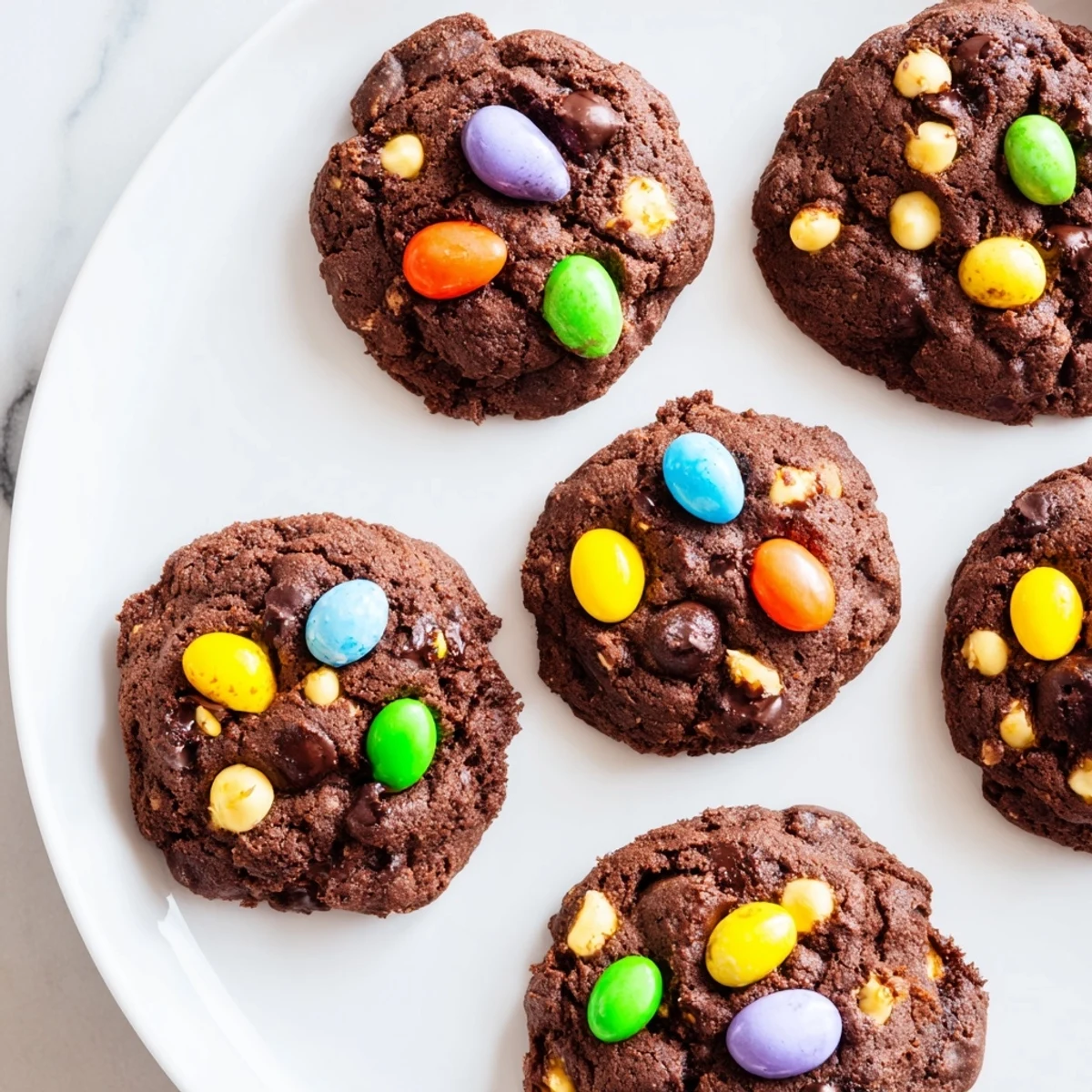 Rich cocoa Easter cookies featuring chocolate chunks and pastel candy-coated egg decorations