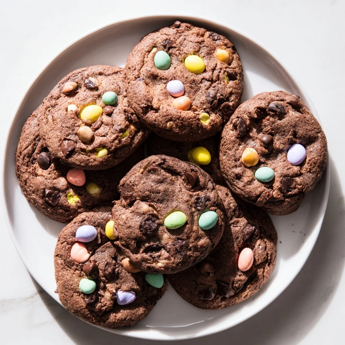 Soft chocolate Easter cookies studded with chips and topped with colorful candy eggs