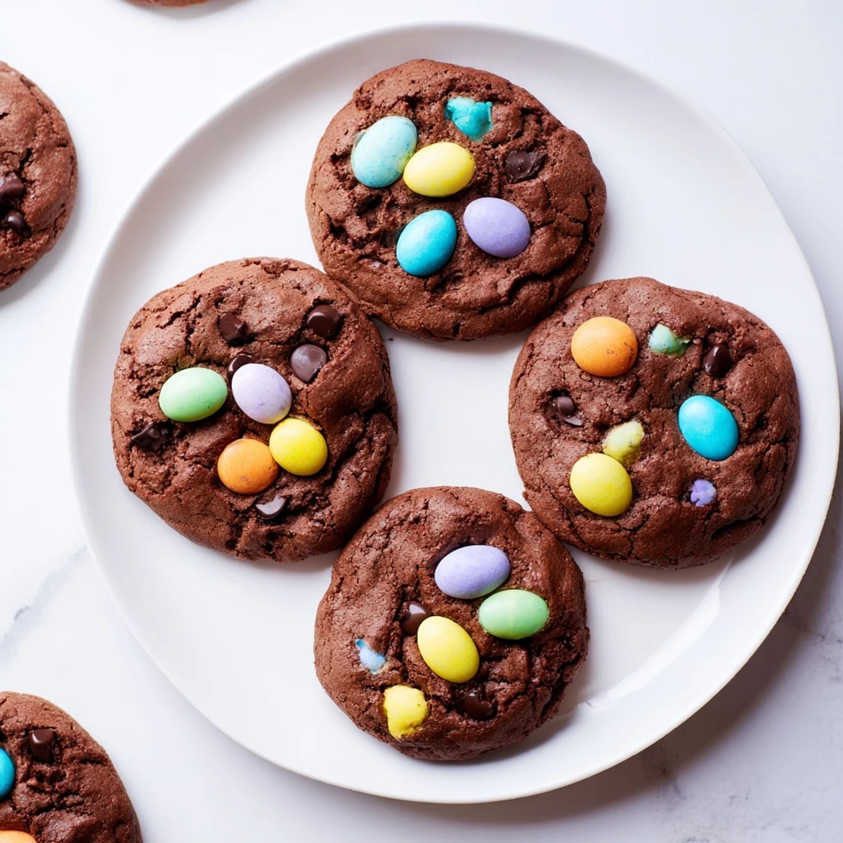 Festive Easter chocolate cookies dotted with melty chips and vibrant mini egg toppings