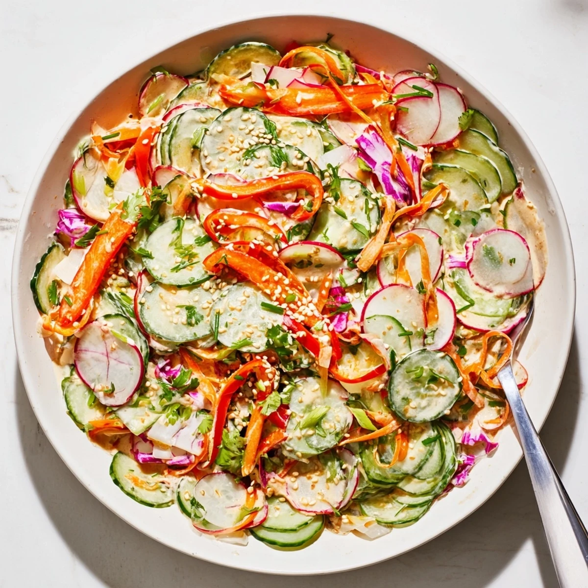 Fresh cucumber salad bowl featuring crisp vegetables coated in a rich creamy sesame dressing and topped with toasted seeds and bright green cilantro.