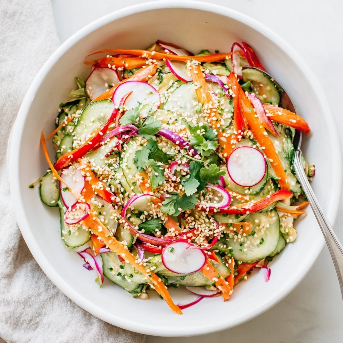 Colorful Asian cucumber salad bowl with sliced radishes red pepper and carrots drizzled with a tangy white sesame yogurt dressing.