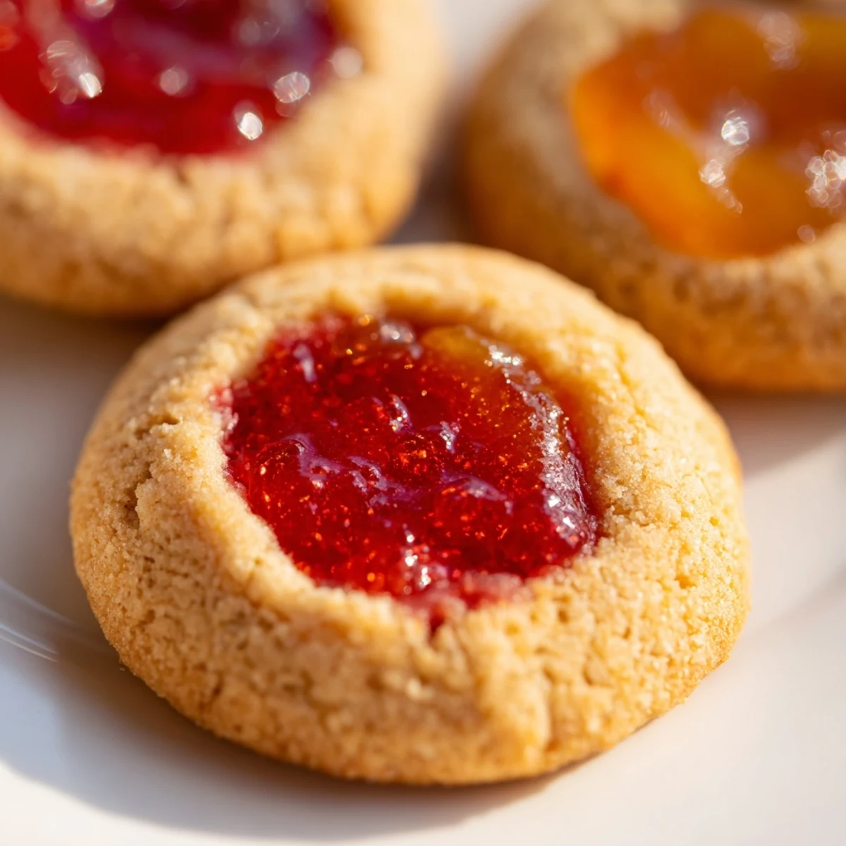 Golden fruity thumbprint cookies filled with vibrant raspberry jam on a white baking sheet
