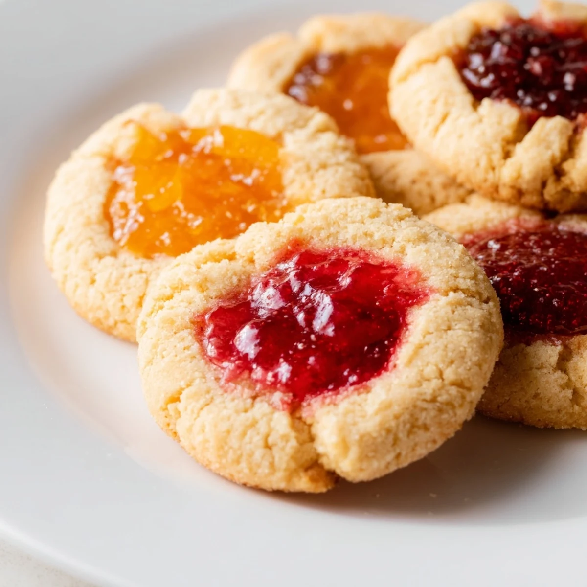 Close-up of buttery thumbprint cookies topped with assorted fruit preserves and powdered sugar